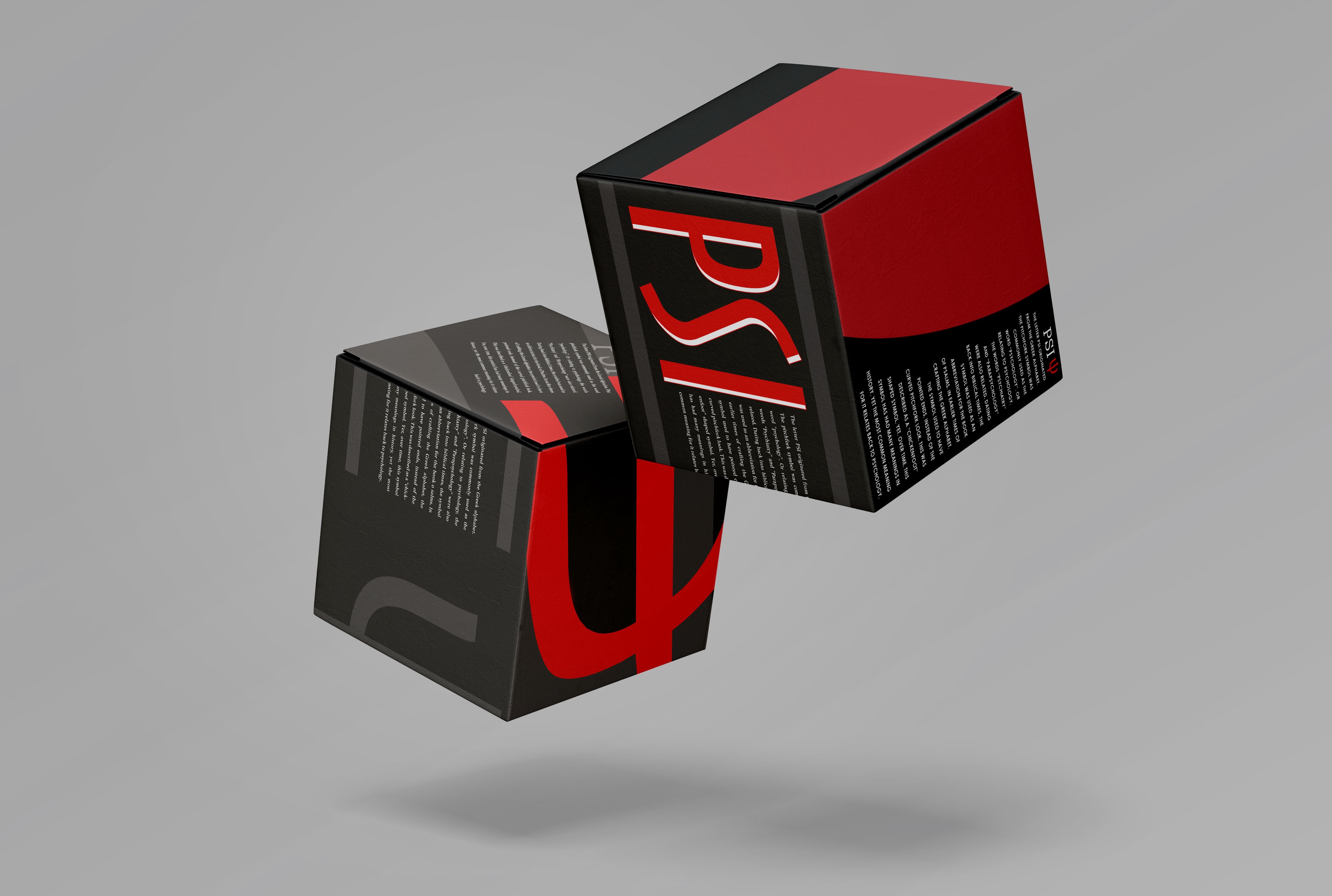 An image of two cubes floating in the air. They both have black, white, and red text and decorations.