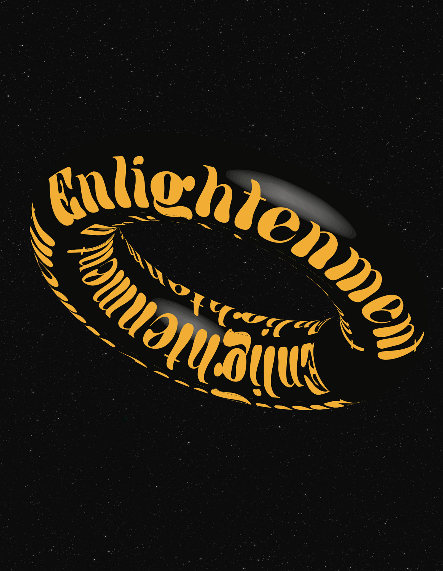 A black donut floating in space with yellow text, as well as white text on the poster.