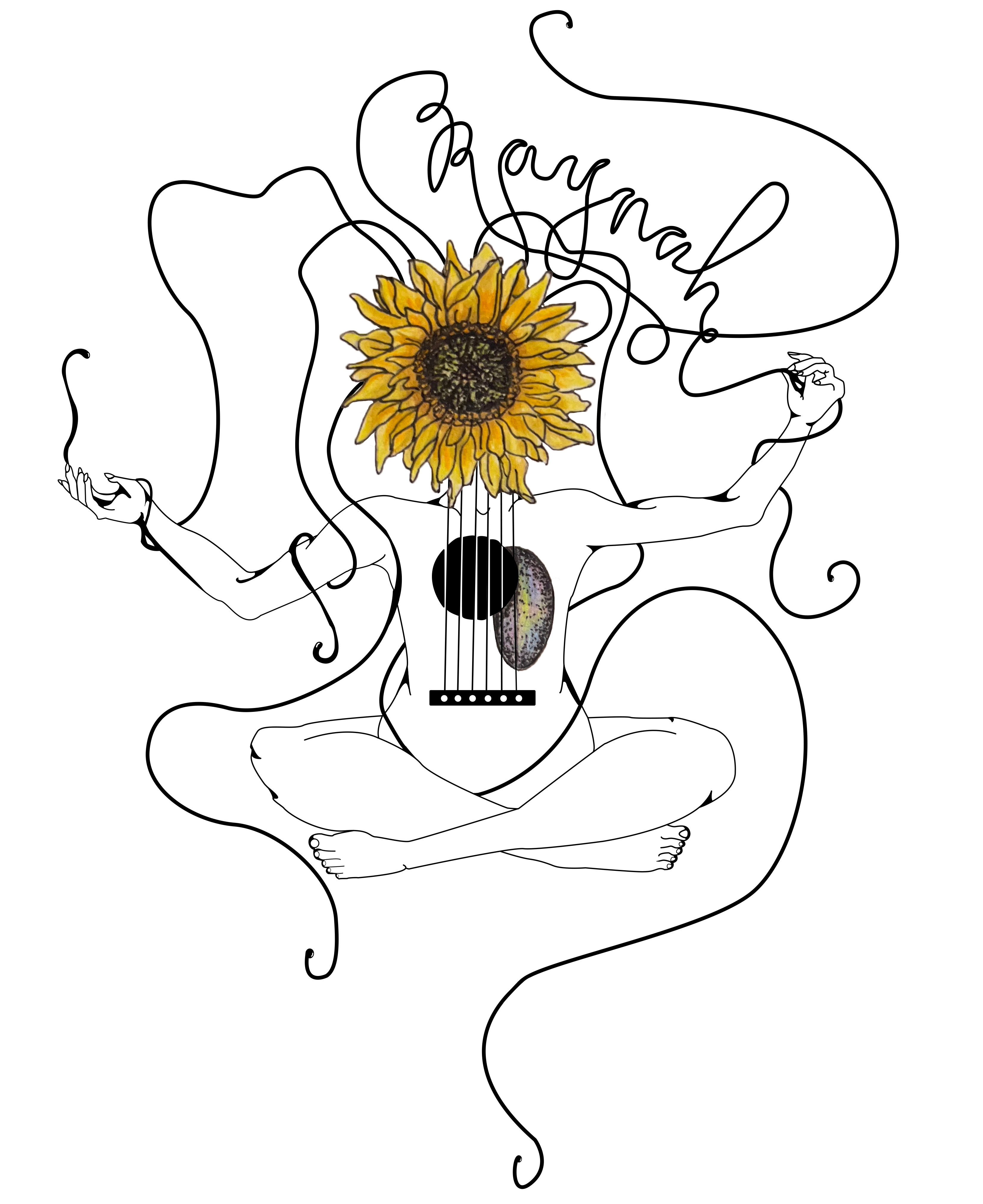 A illustration of a girl sitting, representing a guitar with a sunflower for a face.