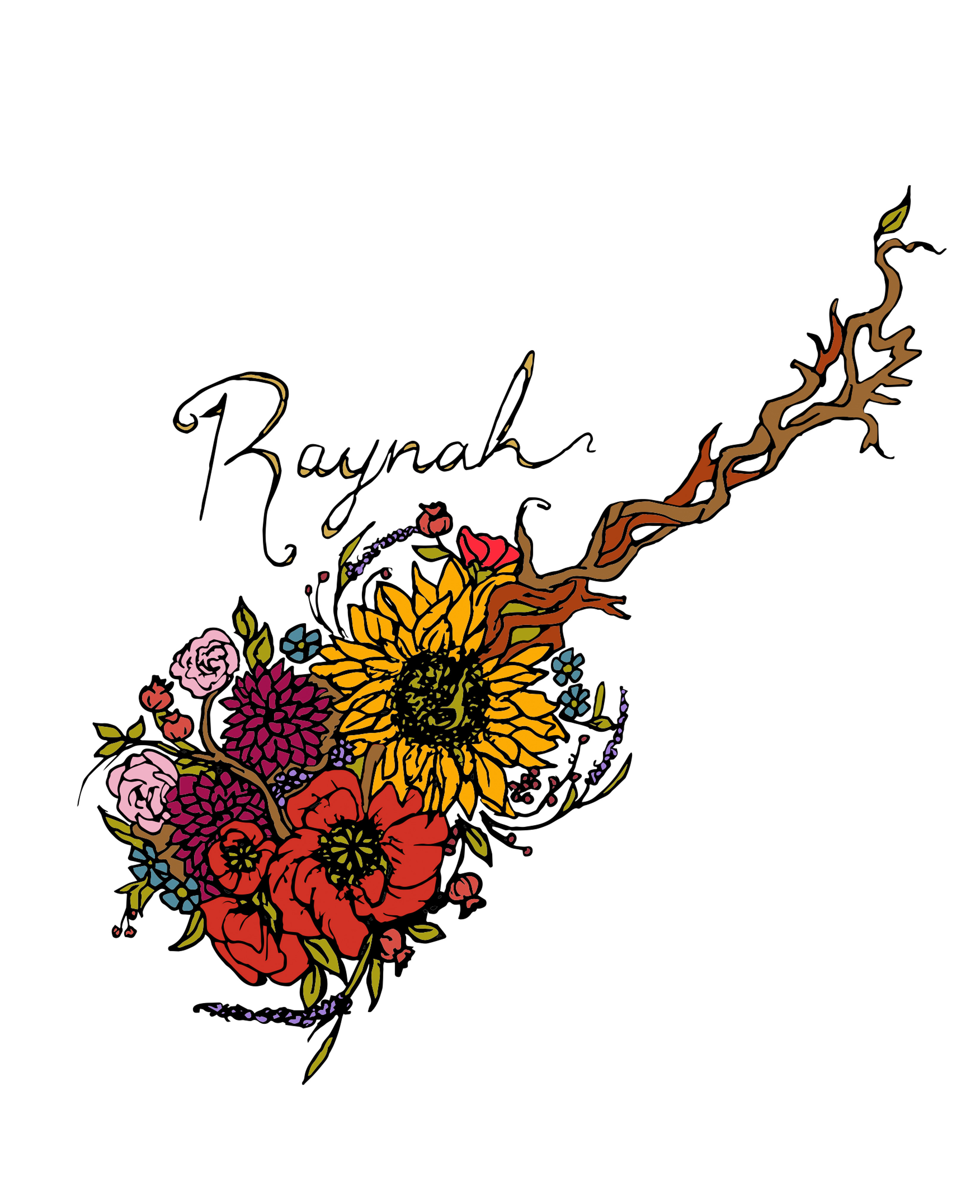 A floral design of a guitar that spells out Raynah